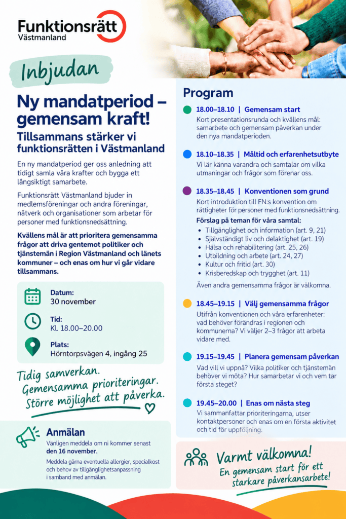 Inbjudan: Ny mandatperiod – gemensam kraft! 30 november kl. 18.00–20.00, Hörntorpsvägen 4, ingång 25.